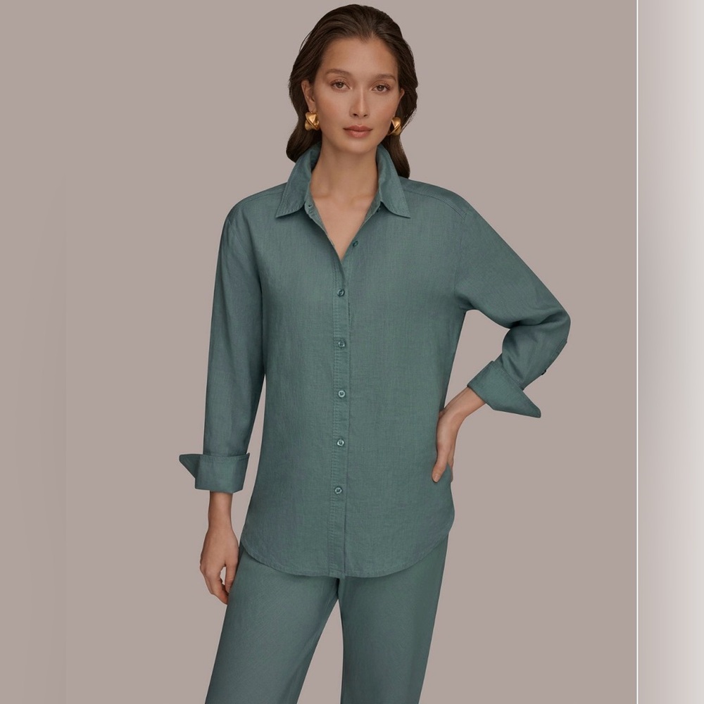 NWT Donna Karan Women's Button-Down Linen Shirt. LARGE. Waterlilly